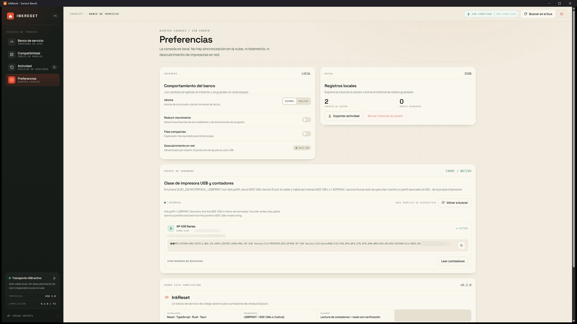 Preferencias y puente de hardware con el perfil de la impresora detectada